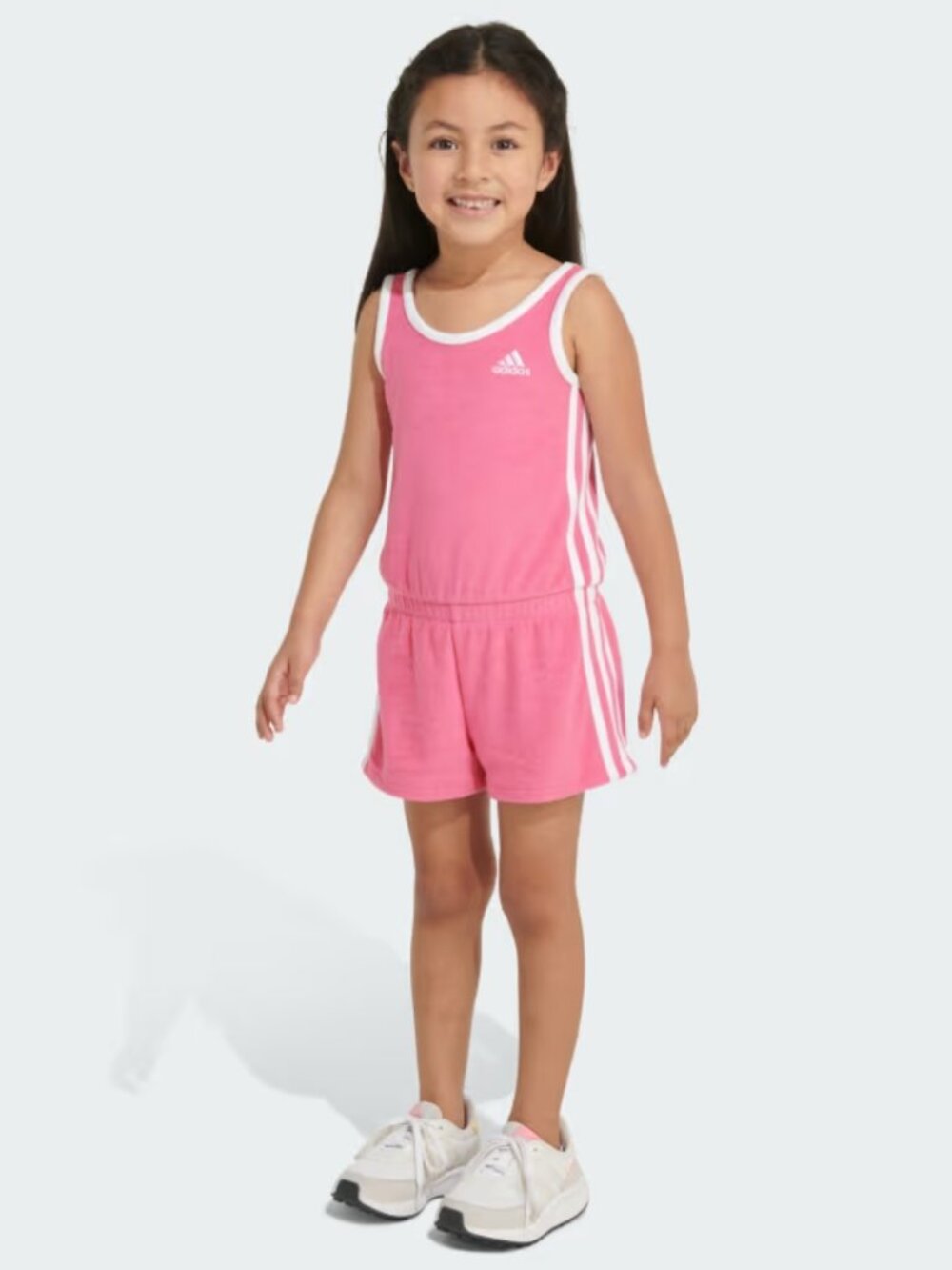 Adidas Pink terry cloth sleeveless toddler romper w/signature white stripes